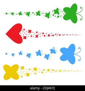 Set of colored silhouettes. A flock of abstract flat butterflies, hearts, stars flying one after another. Stock Vector