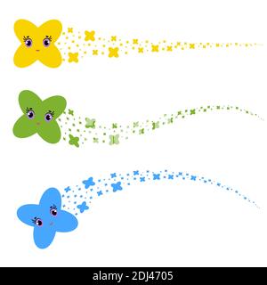 set of flat colored isolated stars of cartoons flying across the sky. Funny cute characters for decoration. Stock Vector