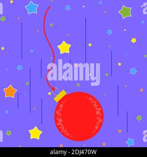 falling flat red Christmas toy ball on the background of blue sky and colorful stars Stock Vector