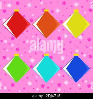 Set of six colored isolated flat Christmas toys square shape on a pink starry background. Stock Vector