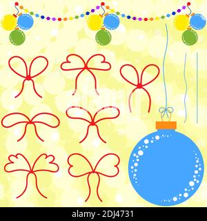 Set of flat red bows and ropes to Christmas decorations. Garland and blue Christmas ball on a yellow background Stock Vector