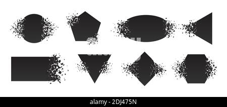 Shape shattered and explodes flat style design vector illustration set isolated on white background. Square rhombus, triangle, rectangle, hexagon, ell Stock Vector