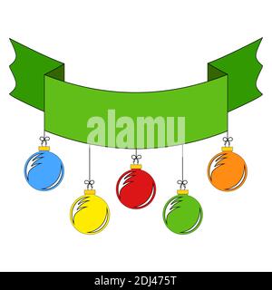 Ribbon banner in green color, decorated with colored Christmas tree toys on a white background Stock Vector