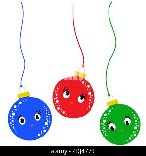 A set of three colored flat cartoon isolated Christmas ball falling down on white background Stock Vector