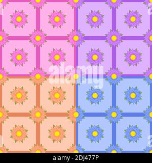 Set of seamless patterns of multicolored flowers with ribbons. Four types of design. Stock Vector