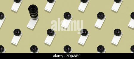 Seamless flat pattern, smartphone with a big camera from a DSLR, beautiful pastel background, banner abstract trendy photo Stock Photo