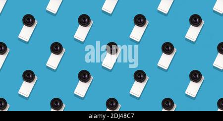 Seamless flat pattern, smartphone with a big camera from a DSLR, minimal concept, banner abstract trendy photo Stock Photo
