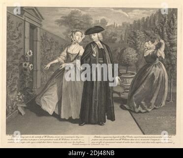 Pamela, being now in the custody of Mrs. Jenkes, seizes an occasion (as they are walking in the garden) to propose a Correspondence with Mr. Williams in order to contrive an Escape, who agree to hide their letters between two tiles near the Sunflower, Print made by Guillaume Philippe Benoist, 1725–ca. 1770, French, after Joseph Highmore, 1692–1780, British, 1745, Etching with stipple engraving on medium, slightly textured, cream laid paper, Sheet: 14 3/4 x 18 3/4 inches (37.4 x 47.6 cm), Plate: 11 7/8 x 14 7/8 inches (30.1 x 37.8 cm), and Image: 10 1/2 x 14 3/16 inches (26.7 x 36 cm), bonnets Stock Photo