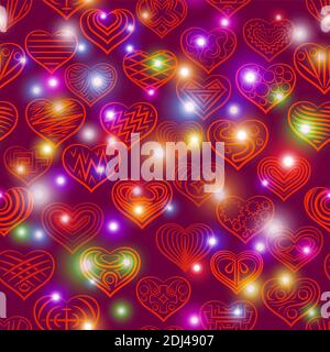 Valentine Holiday Seamless Background with Hearts Contours and Stars, Tile Pattern. Vector Stock Vector