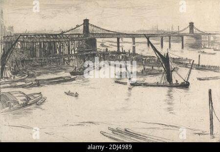 Old Hungerford Bridge, Print made by James McNeill Whistler, 1834–1903, American, active in Britain (from 1859), 1861, Etching on medium, slightly textured, cream laid paper, Sheet: 6 7/8 x 9 3/16 inches (17.5 x 23.4 cm), Plate: 5 3/8 x 8 5/16 inches (13.7 x 21.1 cm), and Image: 5 3/8 x 8 5/16 inches (13.7 x 21.1 cm), architectural subject, boats, bridge (built work), buildings, cityscape, industry, masts, river, sailboats, City of London, England, Greater London, London, Old Hungerford Bridge, Thames, United Kingdom Stock Photo