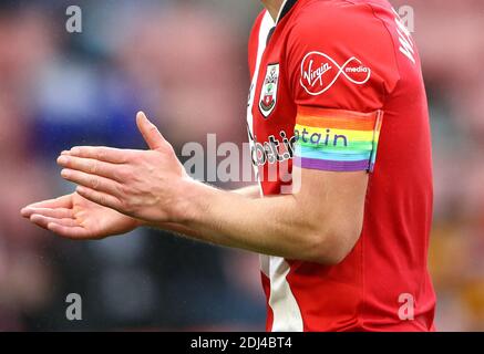 Close up of the Rainbow Laces captain's armband worn by Southampton's James Ward-Prowse during the Premier League match at St Mary's Stadium, Southampton. Stock Photo