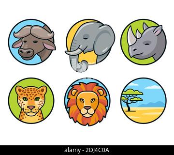 Icon set of African Big Five animals. Lion, Leopard, Elephant, Rhino, Buffalo, savannah landscape. Isolated vector clip art illustration. Stock Vector