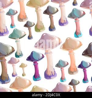 Seamless background with mushrooms. Beautiful single multi-colored mushrooms on a white background, isolated. For print and web pages Stock Vector