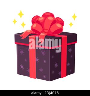 Christmas or birthday gift box. Black wrapped present with stars and red ribbon bow. Isolated vector illustration. Stock Vector