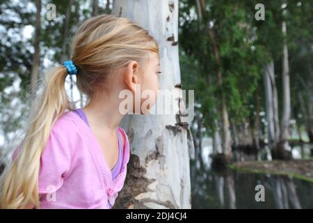 Young girl plays hide and seek behind a eucalyptus tree Stock Photo