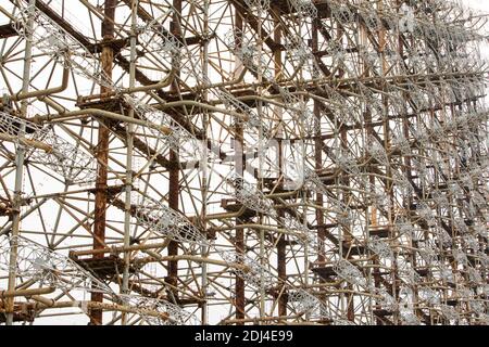 Geometrical pattern and texture of the Duga system, a Soviet over the horizon in the Chernobyl exclusion area. Stock Photo