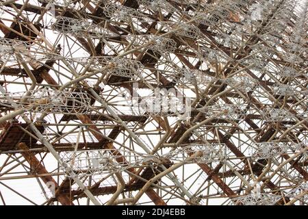 Geometrical pattern and texture of the Duga system, a Soviet over the horizon in the Chernobyl exclusion area. Stock Photo