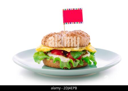 Burger on plate isolated on white Stock Photo