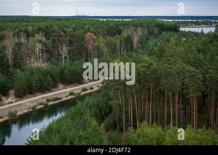 View from the lookout tower "Rostige Nagel" in the Lusatian lake area. The junction channel between Sedlitzer See and Geierwalde See can be seen in th Stock Photo