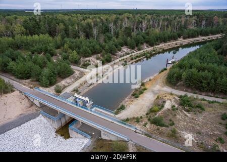 View from the watchtower "Rostige Nagel" in the Lusatian lake area. The junction channel between Sedlitzer See and Geierwalde See can be seen in the f Stock Photo
