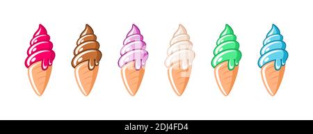 Ice cream cone set. Ice-cream in a waffle horn. Different flavour & color collection. Isolated on white background. Group of ice cream swirl sundae Stock Vector