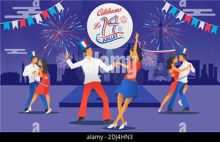Bastile day greeting card with dance, parties and firework. Le 14 Juillet French translation of 14 July French national Day Stock Vector
