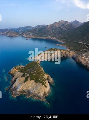 Aerial coastal view of Peristeri at dusk, Geropotamos, Crete, Greece Stock Photo