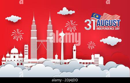 Vector illustration of 31st August malaysia Independence Day celebration with city skyline, malaysia flag and fireworks in paper cut style Stock Vector