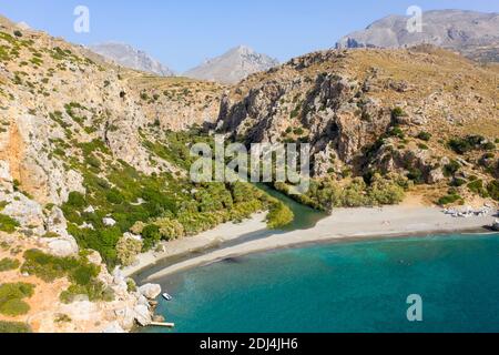 Aerial coastal view of Preveli Beach and Kourtaliotis River, Crete, Greece Stock Photo