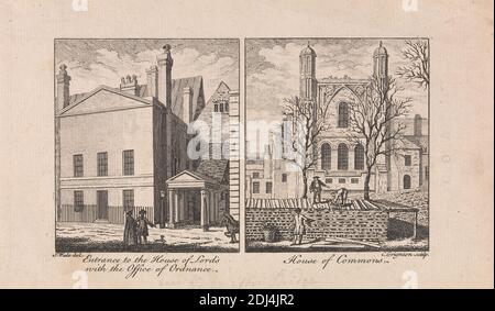 House of Commons and the Entrance to the House of Lords with the Office of Ordnance, Print made by Charles Grignion, 1717–1810, British, after Samuel Wale RA, 1721–1786, British, undated, Engraving with graphite on slightly textured, medium thickness, white laid paper, Sheet: 4 5/16 × 7 1/2 inches (11 × 19.1 cm), architectural subject, church, exterior view, City of Westminster, England, House of Commons, House of Lords, London, Palace of Westminster, St. Stephen's Chapel, Palace of Westminster, United Kingdom Stock Photo