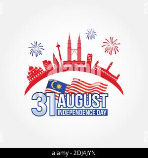 31 August. Vector illustration of malaysia Independence Day celebration with city skyline. Stock Vector