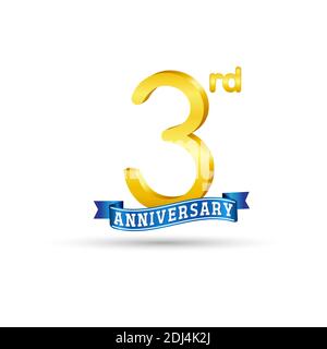 3rd golden Anniversary logo with blue ribbon isolated on white background. 3d gold Anniversary logo Stock Vector