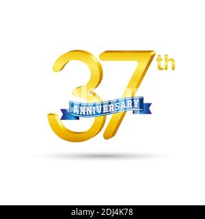 37th golden Anniversary logo with blue ribbon isolated on white background. 3d gold Anniversary logo Stock Vector