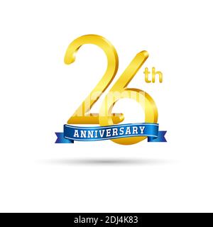 26th golden Anniversary logo with blue ribbon isolated on white background. 3d gold Anniversary logo Stock Vector