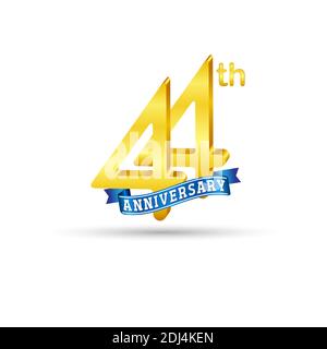 44th golden Anniversary logo with blue ribbon isolated on white background. 3d gold Anniversary logo Stock Vector