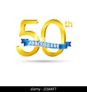 50th golden Anniversary logo with blue ribbon isolated on white background. 3d gold Anniversary logo Stock Vector