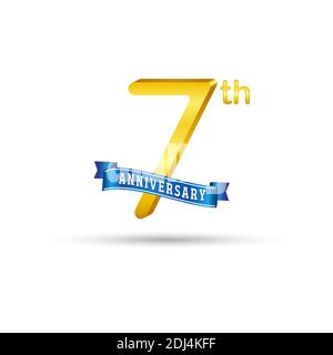 7th golden Anniversary logo with blue ribbon isolated on white background. 3d gold Anniversary logo Stock Vector