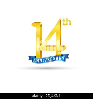 14th golden Anniversary logo with blue ribbon isolated on white background. 3d gold Anniversary logo Stock Vector