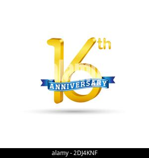 16th golden Anniversary logo with blue ribbon isolated on white background. 3d gold Anniversary logo Stock Vector