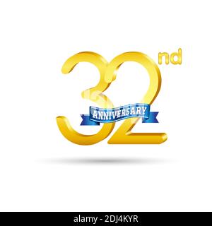 32nd golden Anniversary logo with blue ribbon isolated on white background. 3d gold Anniversary logo Stock Vector