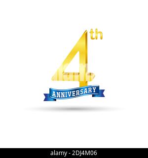4th golden Anniversary logo with blue ribbon isolated on white background. 3d gold Anniversary logo Stock Vector