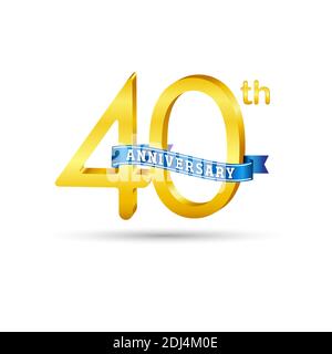 40th golden Anniversary logo with blue ribbon isolated on white background. 3d gold Anniversary logo Stock Vector