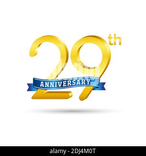 29th golden Anniversary logo with blue ribbon isolated on white background. 3d gold Anniversary logo Stock Vector
