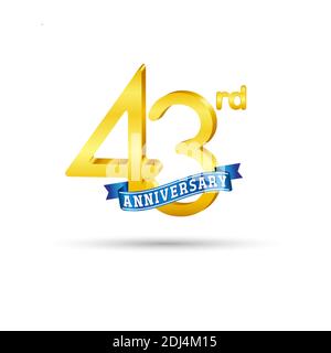 43rd golden Anniversary logo with blue ribbon isolated on white background. 3d gold Anniversary logo Stock Vector