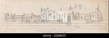 Perspective View of the North & East Fronts of the Buildings Connected with the Houses of Parliament and Courts of Law &c. &c., and Showing the Alterations Suggested by Colonel Trench, Print made by R.C. Roffe, active in London 1806–1835, British, after Philip William Wyatt, 1777–1835, British, 1827, Line engraving on smooth, medium, white wove paper, Sheet: 5 × 15 9/16 inches (12.7 × 39.5 cm), architectural subject, City of Westminster, England, London, Palace of Westminster, United Kingdom