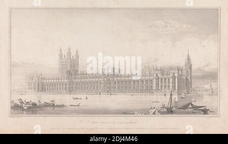 New Houses of Parliament, View of the Adopted Design as the Building Would Appear from the Surrey End of Westminster Bridge, Print made by T. Kearnan, active 1821–1850, British, after Sir Charles Barry, 1795–1860, British, ca. 1835, Line engraving on smooth, medium, white wove paper, Sheet: 6 7/8 × 11 1/4 inches (17.5 × 28.6 cm) and Image: 5 × 9 3/4 inches (12.7 × 24.8 cm), architectural subject, City of Westminster, England, London, Palace of Westminster, United Kingdom Stock Photo