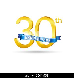 30th golden Anniversary logo with blue ribbon isolated on white background. 3d gold Anniversary logo Stock Vector