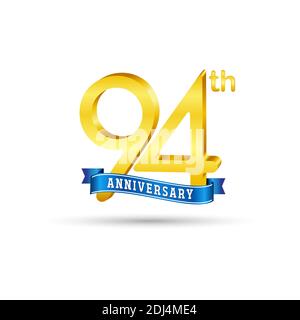 94th golden Anniversary logo with blue ribbon isolated on white background. 3d gold Anniversary logo Stock Vector