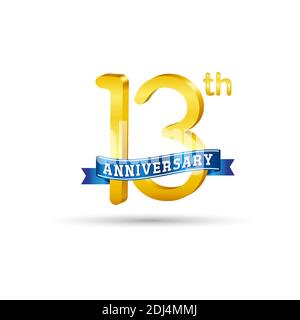 13th golden Anniversary logo with blue ribbon isolated on white background. 3d gold Anniversary logo Stock Vector