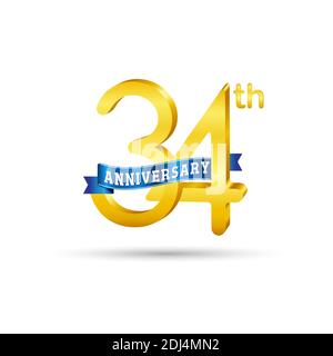 34th golden Anniversary logo with blue ribbon isolated on white background. 3d gold Anniversary logo Stock Vector